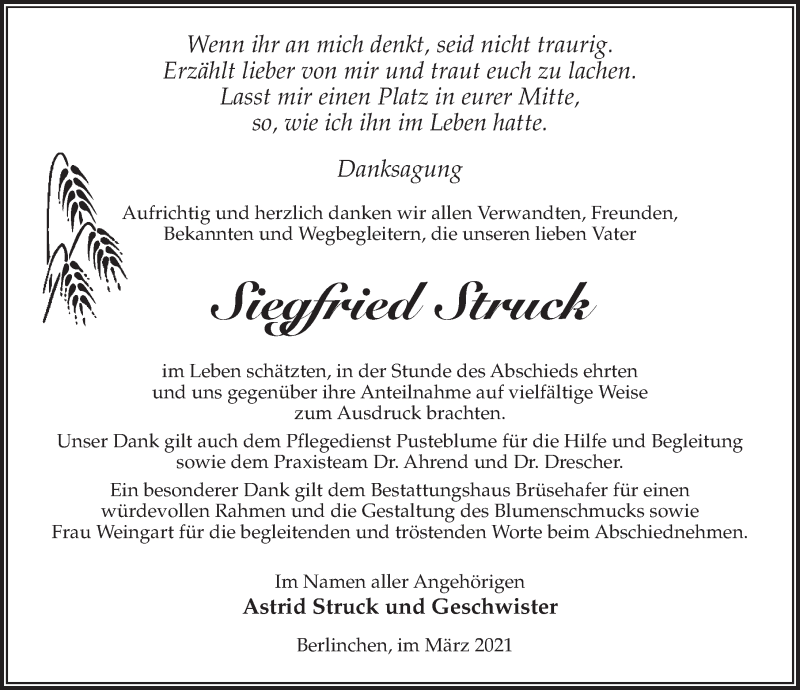  Traueranzeige für Siegfried Struck vom 06.03.2021 aus Märkischen Allgemeine Zeitung