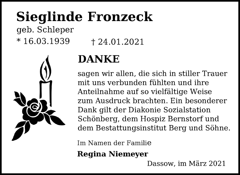  Traueranzeige für Sieglinde Fronzeck vom 06.03.2021 aus Ostsee-Zeitung GmbH