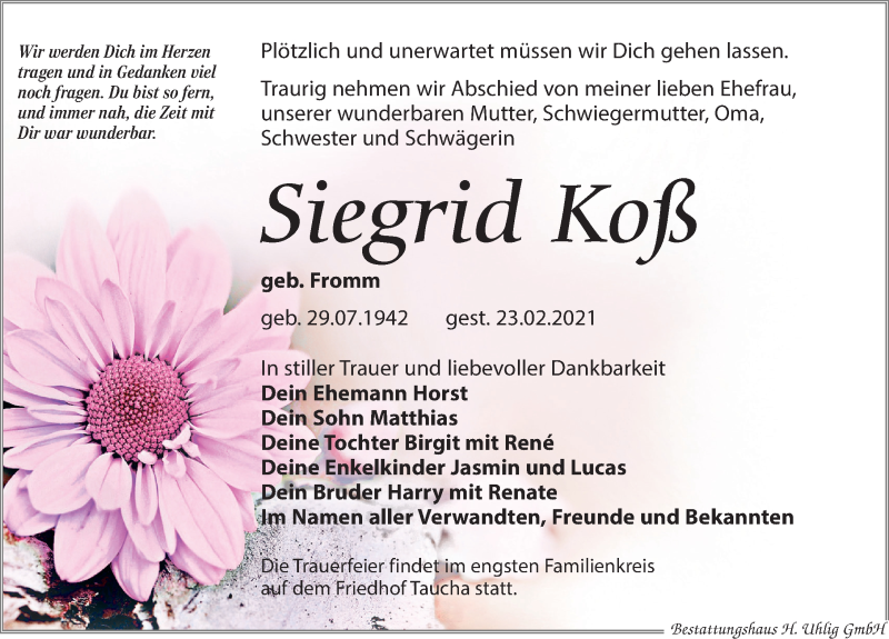  Traueranzeige für Siegrid Koß vom 13.03.2021 aus Leipziger Volkszeitung