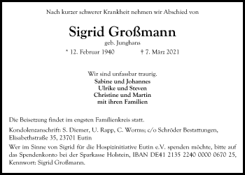 Traueranzeige von Sigrid Großmann von Lübecker Nachrichten