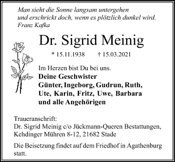 Traueranzeige von Sigrid Meinig von Hannoversche Allgemeine Zeitung/Neue Presse