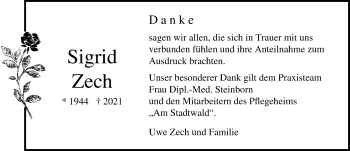 Traueranzeige von Sigrid Zech von Ostsee-Zeitung GmbH