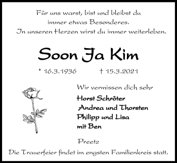 Traueranzeige von Soon Ja Kim von Kieler Nachrichten