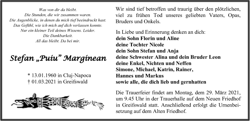  Traueranzeige für Stefan Marginean vom 13.03.2021 aus Ostsee-Zeitung GmbH