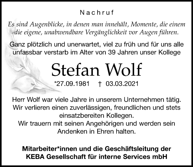  Traueranzeige für Stefan Wolf vom 20.03.2021 aus Leipziger Volkszeitung