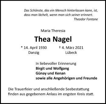 Traueranzeige von Thea Nagel von Lübecker Nachrichten