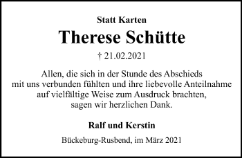 Traueranzeige von Therese Schütte von Schaumburger Nachrichten