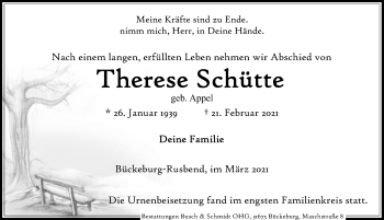 Traueranzeige von Therese Schütte von Schaumburger Nachrichten