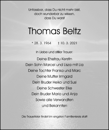 Traueranzeige von Thomas Beltz von Ostsee-Zeitung GmbH