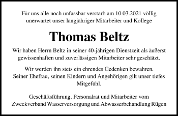 Traueranzeige von Thomas Beltz von Ostsee-Zeitung GmbH