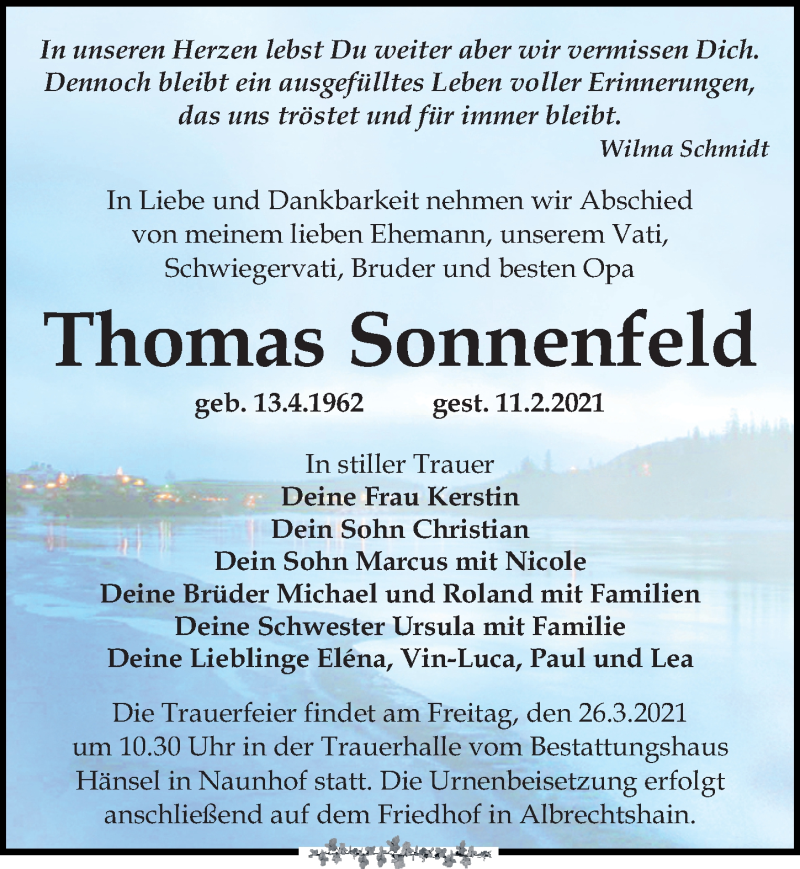  Traueranzeige für Thomas Sonnenfeld vom 13.03.2021 aus Leipziger Volkszeitung