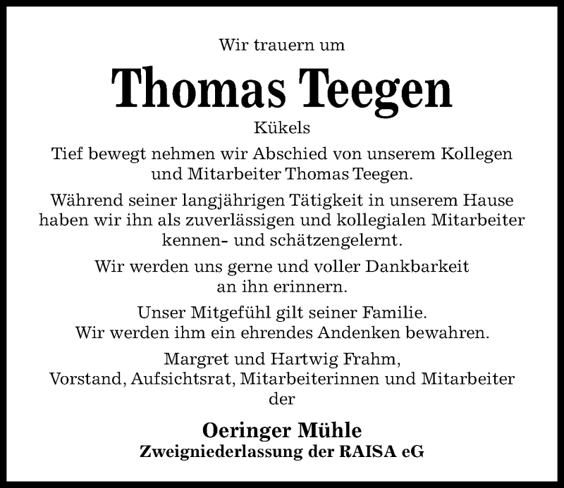  Traueranzeige für Thomas Teegen vom 27.03.2021 aus Kieler Nachrichten