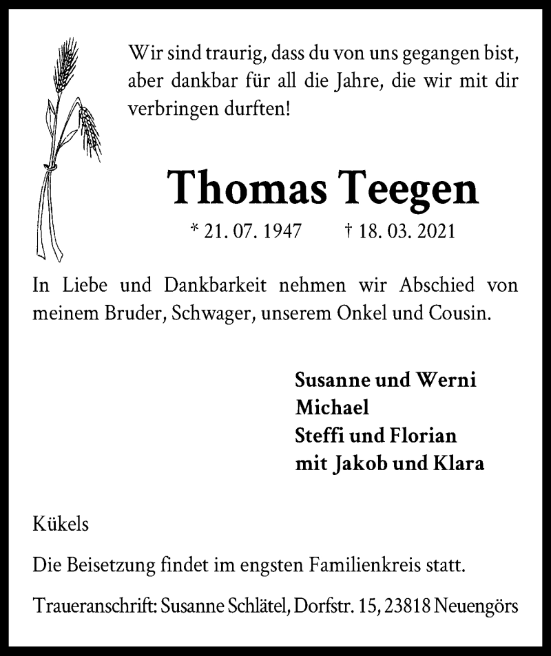  Traueranzeige für Thomas Teegen vom 27.03.2021 aus Kieler Nachrichten