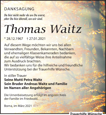 Traueranzeige von Thomas Waitz von Leipziger Volkszeitung