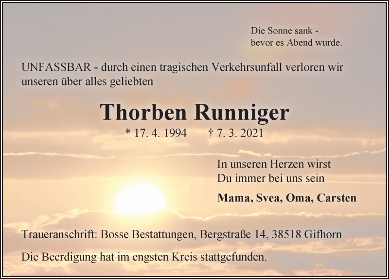  Traueranzeige für Thorben Runniger vom 20.03.2021 aus Aller Zeitung