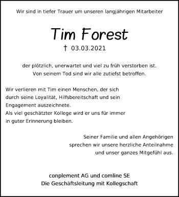 Traueranzeige von Tim Forest von Hannoversche Allgemeine Zeitung/Neue Presse