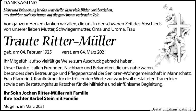  Traueranzeige für Traute Ritter-Müller vom 20.03.2021 aus Leipziger Volkszeitung