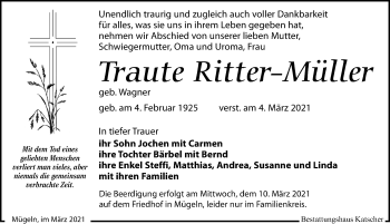 Traueranzeige von Traute Ritter-Müller von Leipziger Volkszeitung