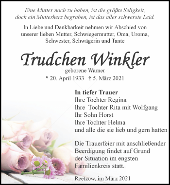 Traueranzeige von Trudchen Winkler von Ostsee-Zeitung GmbH