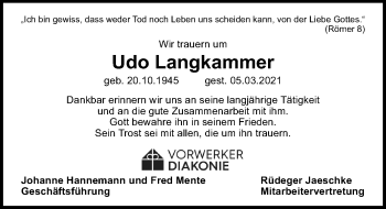 Traueranzeige von Udo Langkammer von Lübecker Nachrichten