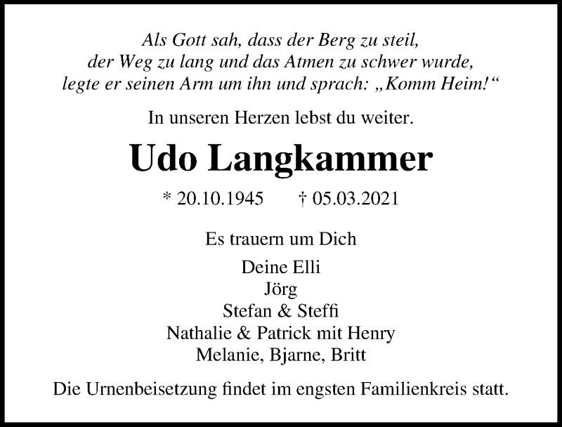  Traueranzeige für Udo Langkammer vom 14.03.2021 aus Lübecker Nachrichten