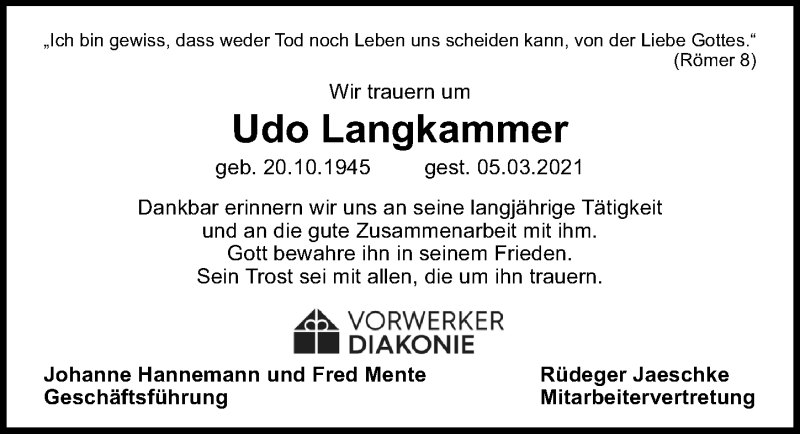  Traueranzeige für Udo Langkammer vom 21.03.2021 aus Lübecker Nachrichten