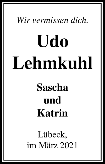 Traueranzeige von Udo Lehmkuhl von Lübecker Nachrichten