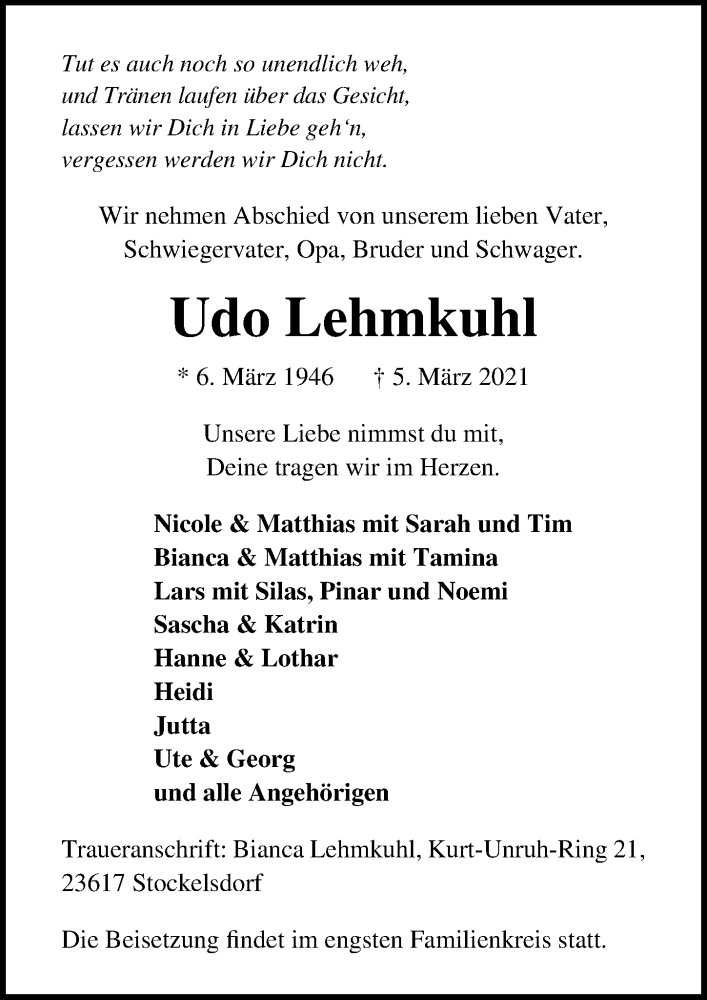  Traueranzeige für Udo Lehmkuhl vom 14.03.2021 aus Lübecker Nachrichten