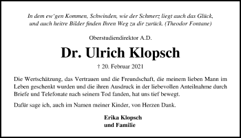 Traueranzeige von Ulrich Klopsch von Lübecker Nachrichten