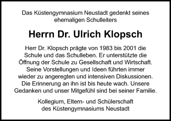 Traueranzeige von Ulrich Klopsch von Lübecker Nachrichten
