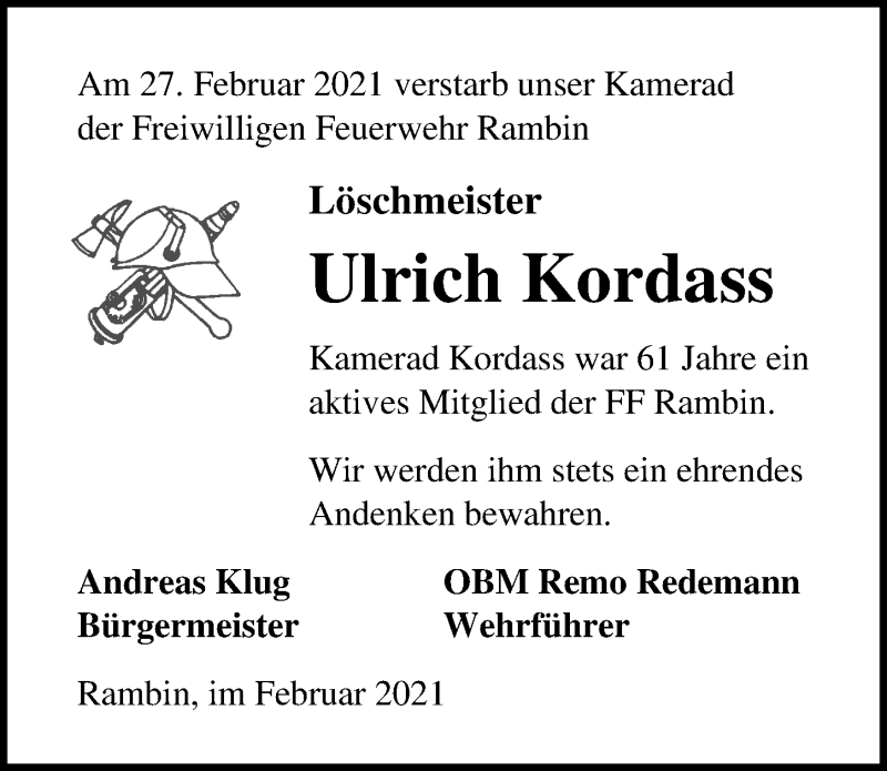  Traueranzeige für Ulrich Kordass vom 06.03.2021 aus Ostsee-Zeitung GmbH