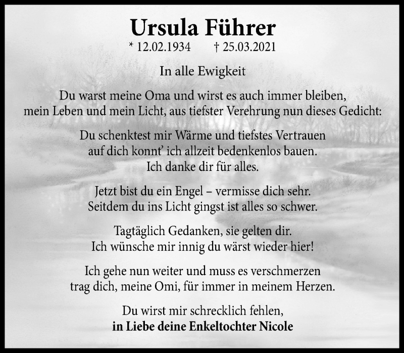  Traueranzeige für Ursula Führer vom 30.03.2021 aus Schaumburger Nachrichten