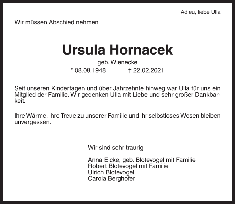  Traueranzeige für Ursula Hornacek vom 06.03.2021 aus Göttinger Tageblatt
