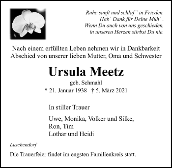 Traueranzeige von Ursula Meetz von Lübecker Nachrichten