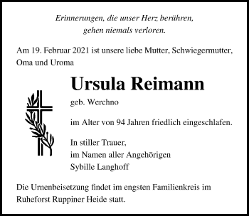 Traueranzeige von Ursula Reimann von Märkischen Allgemeine Zeitung