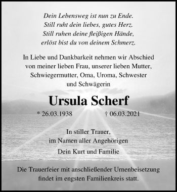 Traueranzeige von Ursula Scherf von Ostsee-Zeitung GmbH