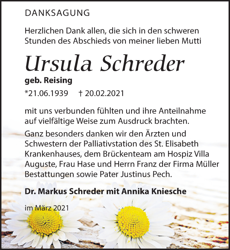  Traueranzeige für Ursula Schreder vom 13.03.2021 aus Leipziger Volkszeitung