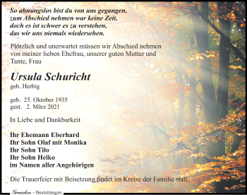 Traueranzeige von Ursula Schuricht von Leipziger Volkszeitung