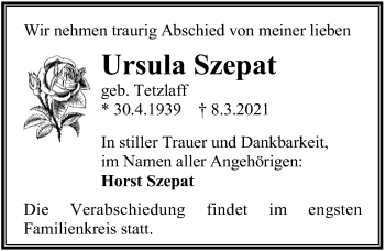 Traueranzeige von Ursula Szepat von Ostsee-Zeitung GmbH