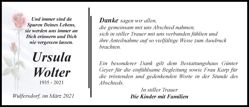  Traueranzeige für Ursula Wolter vom 13.03.2021 aus Märkischen Allgemeine Zeitung