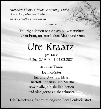 Traueranzeige von Ute Kraatz von Ostsee-Zeitung GmbH