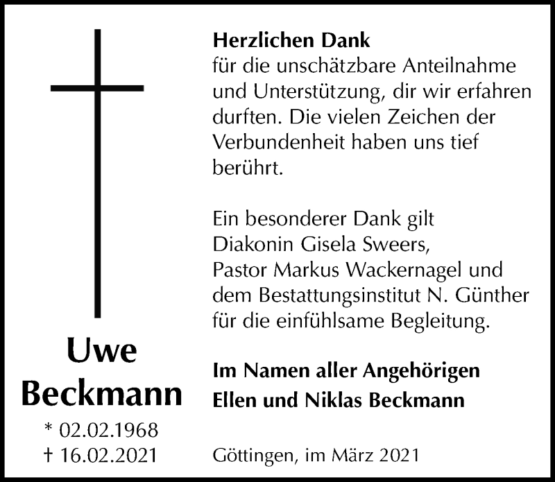 Traueranzeige für Uwe Beckmann vom 13.03.2021 aus Göttinger Tageblatt