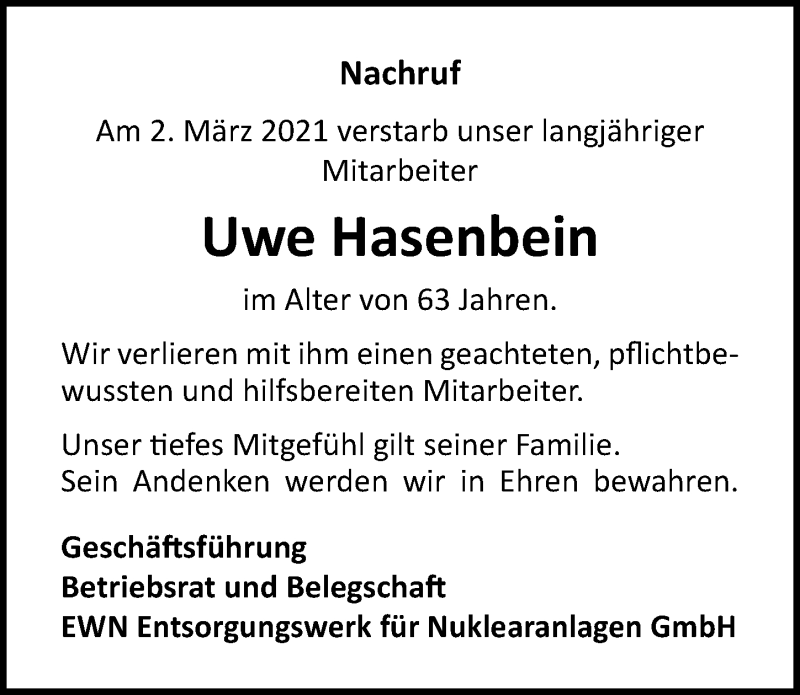  Traueranzeige für Uwe Hasenbein vom 09.03.2021 aus Ostsee-Zeitung GmbH