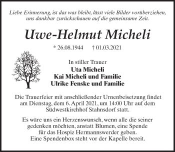 Traueranzeige von Uwe-Helmut Micheli von Märkischen Allgemeine Zeitung