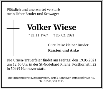 Traueranzeige von Volker Wiese von Hannoversche Allgemeine Zeitung/Neue Presse