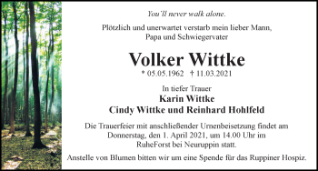 Traueranzeige von Volker Wittke von Märkischen Allgemeine Zeitung