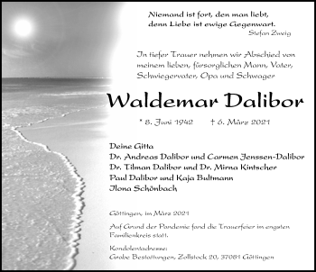 Traueranzeige von Waldemar Dalibor von Göttinger Tageblatt