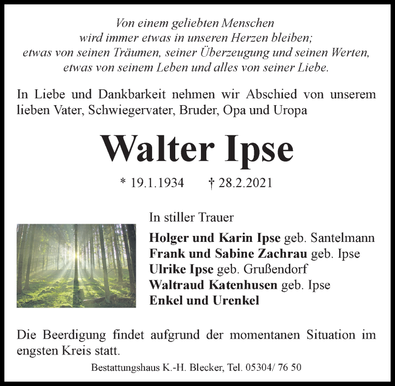  Traueranzeige für Walter Ipse vom 05.03.2021 aus Aller Zeitung