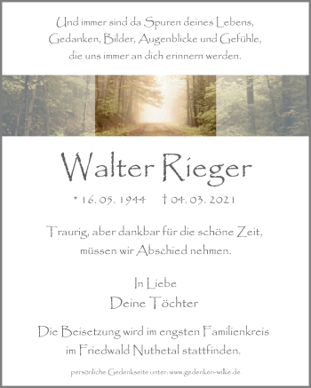 Traueranzeige von Walter Rieger von Märkischen Allgemeine Zeitung