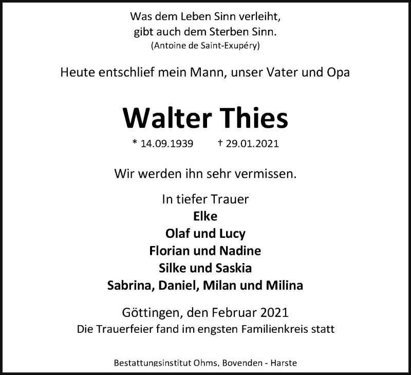  Traueranzeige für Walter Thies vom 20.03.2021 aus Göttinger Tageblatt